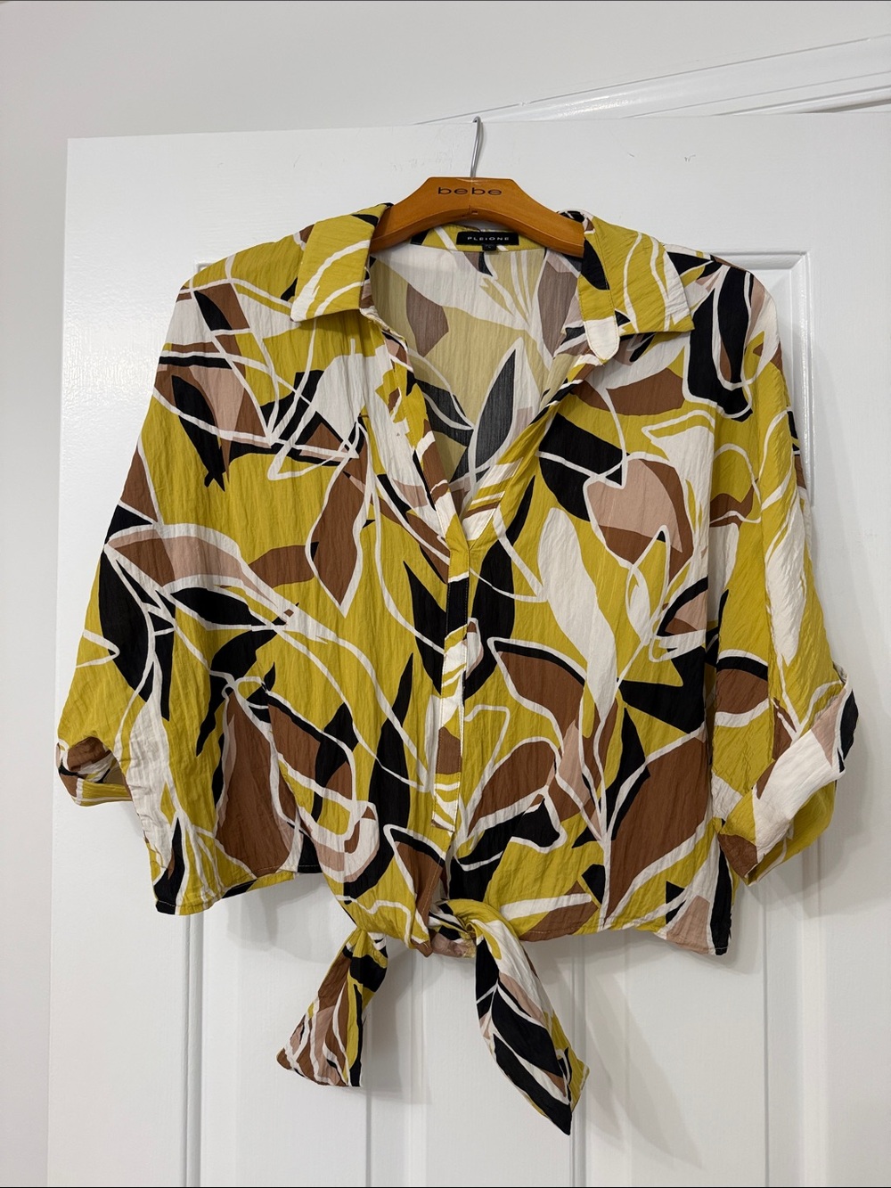 Pleione Tie-Front Printed Button-Up Shirt - Mustard Multi. Size large.